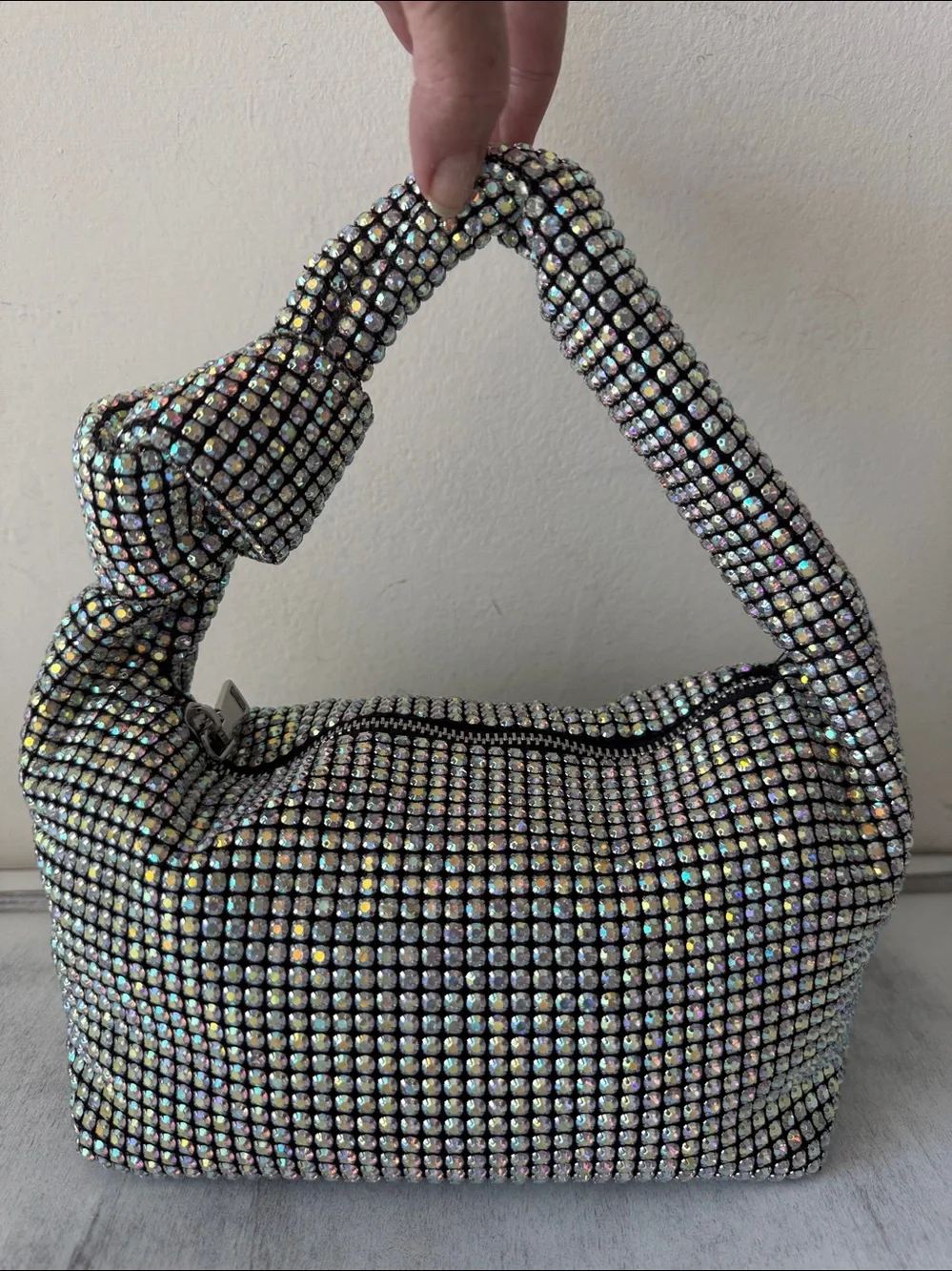 Madison West Knotted Aurora Boraelis Rhinestone Dumpling Evening Handbag